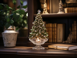 Fototapeta na wymiar Decorative glass Christmas tree. Modern holiday decor. Trendy Christmas interior details on a shelf in the room.