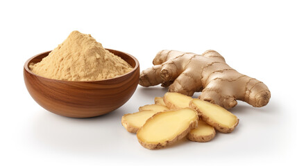 ginger powder in a dish and isolated on a white background are two examples of the ginger on a wood stub. 