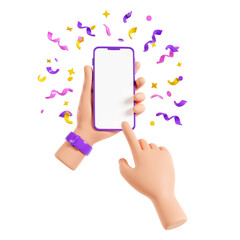 Human hand holding mobile phone with confetti 3d render.
