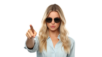 Girl with sunglasses pointing upwards, isolated on a stark white background 