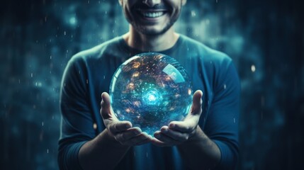 Handsome man holding planet earth in his hands