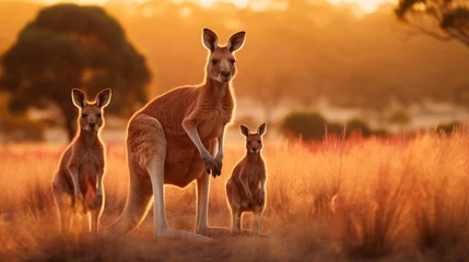 Fototapeten A family of red kangaroos grazing in a sunlit meadow. © MuhammadShamroz