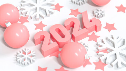 2024 pink digits, balls and snowflakes decoration. happy new year poster gift card in pink and white color theme design. 3d render
