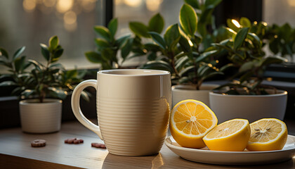 Fresh lemon tea on wooden table brings nature indoors generated by AI