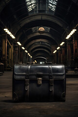 Forgotten Black Leather Men's Briefcase at the station. Retro Style