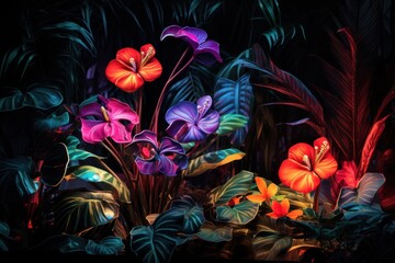  a painting of a bunch of flowers in a dark room with lots of leaves on the side of the picture and a butterfly on the top of the flowers in the middle of the picture.