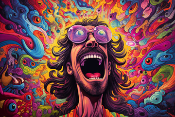 psychedelic gag humor caricature man with colorful background - obrazy, fototapety, plakaty