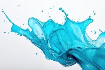  a close up of a blue liquid splashing into the air with water droplets on the bottom of the splashing liquid and on the bottom of the water is a white background.