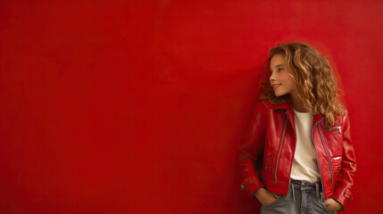 Fototapeta premium Happy 10-Year-Old Girl in Red Jacket Poses on Red Background