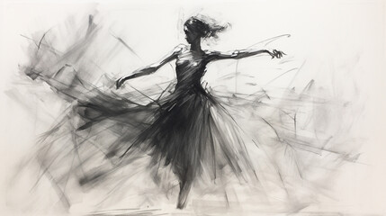 Black charcoal pencil drawing of a young active ballet dancing lady in white background with live performance 