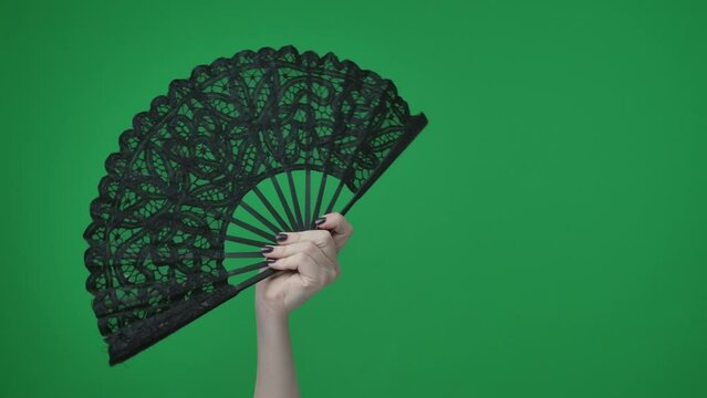 In the frame on a green background, a chrome key female hand with a manicure holds a black, openwork fan. She opened it, used to inflate the air. Here can be your advertising. Medium frame