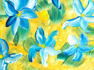 Fototapeta na wymiar Abstract blue flowers on yellow and green, original hand drawn, impressionism style, color texture, brush strokes of paint, art background.