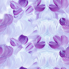Purple abstract  flowers seamless pattern, original hand drawn, impressionism style, color texture, brush strokes of paint,  art background. - 681624420