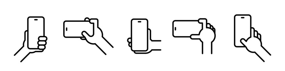 Hand holding phone vector icons. Phone in hand. Holding phone vector icons.