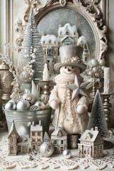 Fototapeta premium Vintage Christmas. Decorative Snowman, Christmas decorations and Winter Village Display