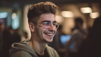 Fototapeta premium Young adults smiling in casual clothing, enjoying city nightlife outdoors generated by AI