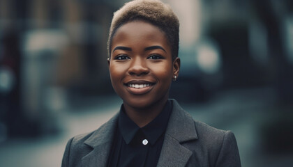 Fototapeta premium Confident young African businesswoman smiling with toothy grin outdoors generated by AI