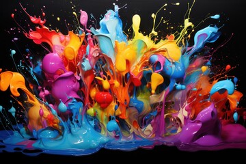  a group of colorful paint splashing on top of each other in front of a black background with a black background and a black back ground with a black background.
