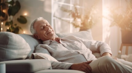 A content mature man takes a break, comfortably seated on his couch.