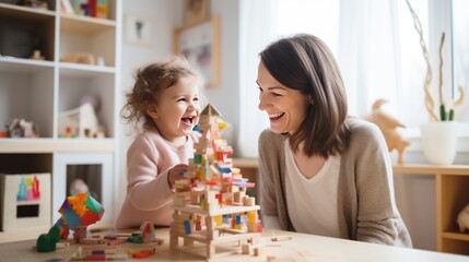 Cheerful mother and daughter playing with building blocks together at home