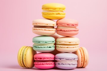 Fototapeta na wymiar a stack of macaroons sitting on top of each other in front of a pink background in the shape of a tower with macaroons on top of each macaroons.