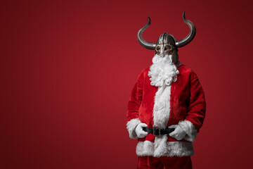 Santa Claus in Viking attire, humorously blending holiday cheer with ancient warrior spirit