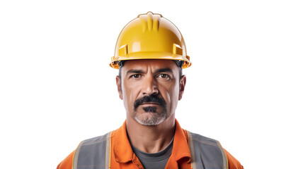 An isolated male construction worker against a stark white background