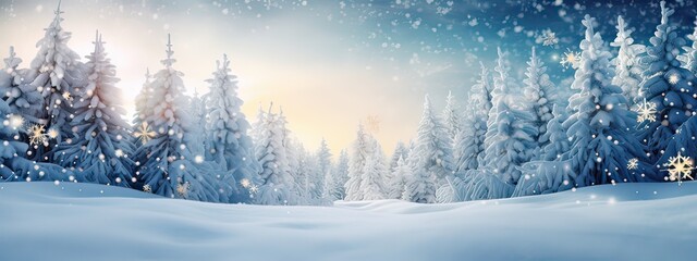 Christmas and pine trees made with white snow under snowfall on icy blue background, Decoration for winter season celebrations, greeting card with copy space