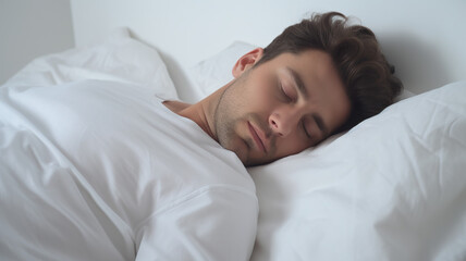 A man in bed, isolated against a stark white background in the mild light of day