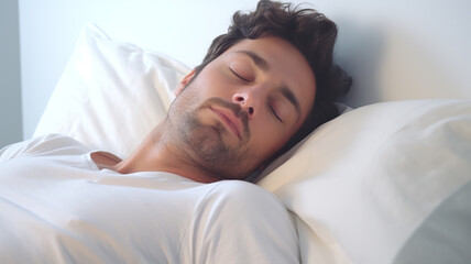 A man in bed, isolated against a stark white background in the mild light of day