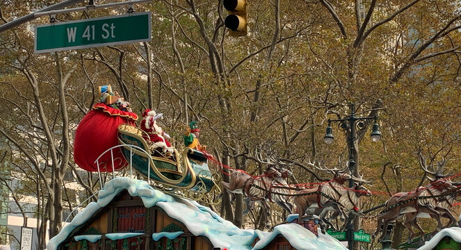 The 95th Annual Macy's Thanksgiving Day Parade Santa Claus float viewed from Bryant Park