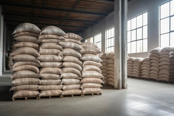 Cargo bags stacked in modern warehouse. Retail industrial commercial plant deposit interior. Generate ai