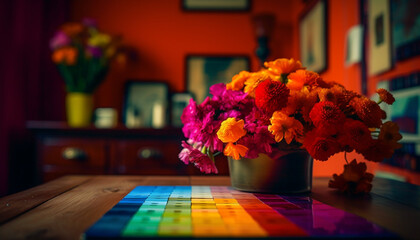 Vibrant bouquet of multi colored flowers adds freshness to home interior generated by AI
