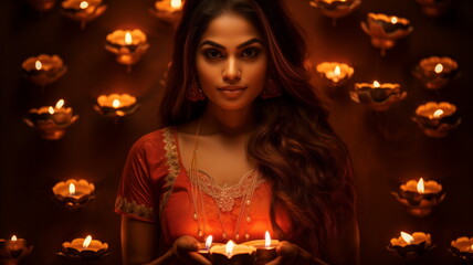 Young woman placing diyas on terrace on occasion of Happy Diwali, oil lamp light, lit on colorful rangoli during diwali celebration. Hindu festival of lights celebration