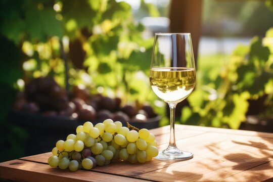  a glass of white wine next to a bunch of grapes on a wooden table in front of a bunch of green leaves and a bush of grapes in the background.