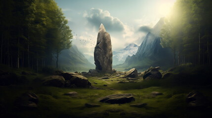 Big stone monolith on a hill among the mountains. Rune magic ritual stone in the mountains. Fabulous landscape of mountains