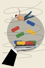Creative illustration collage of young excited guy falling to smartphone chat notifications too...