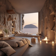 santorini inspired airbnb large open interior with natural feel light stone walls, cliff edge positioning, sea view, luxury interior, minimalistic, candles and gold ambiance but general dark aesthetic