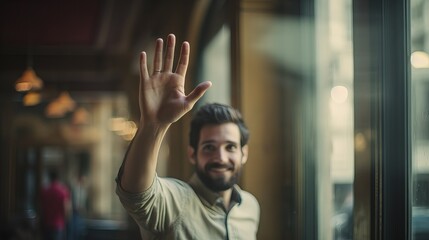 Stop Gesture: Man Showing Stop Sign with Hand, Expressing Denial and Warning in a Concept of Control and Forbidden Actions With A Smile