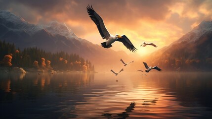 Fototapeta na wymiar A flock of pelicans soaring above a tranquil lake.