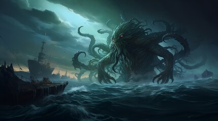 Mysterious monster Cthulhu in the sea, attack boat huge tentacles sticking out of the water, landscape
