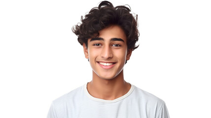 Indian teenage boy grinning alone against a stark white background