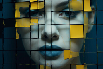Abstract pixelated face portrait. Fragmented identity and blurring of reality. Conceptual and contemporary makeup.