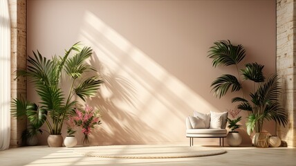 Light interior background with indoor plants