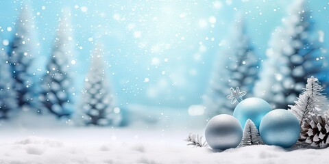 Christmas balls, decorations, snowflakes in a forest of pine trees, on icy blue background covered with white snow, Decoration for winter season, Celebrations, New Year greeting card with copy space