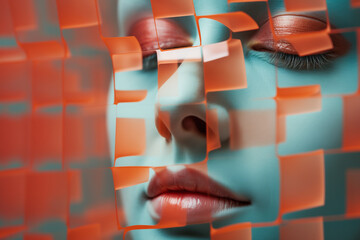 Abstract pixelated face portrait. Fragmented identity and blurring of reality. Conceptual and contemporary makeup.