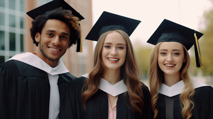 Three happy graduating mates are depicted in an isolated portrait against a stark white background.