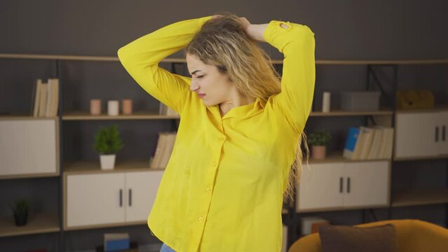 Woman sweating smells, upset.