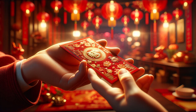 Traditional Chinese New Year Red Lucky Envelope Exchange. AI Generated.