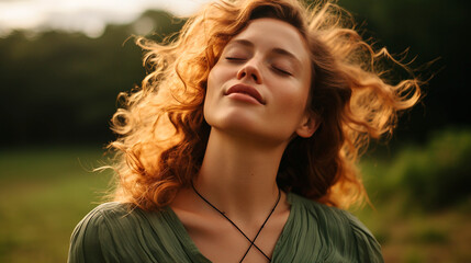 Mujer meditando ojos cerrados - Respiración calma silencio - pradera naturaleza  - obrazy, fototapety, plakaty